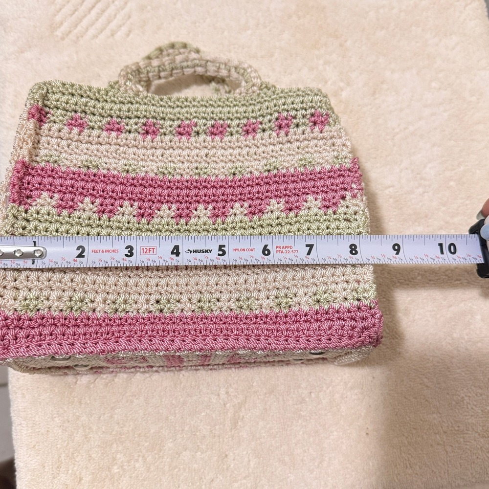 Brigit-Mary Pink Beige Crochet Floral Top Handle Satchel Handbag Knit Purse - Picture 7 of 10